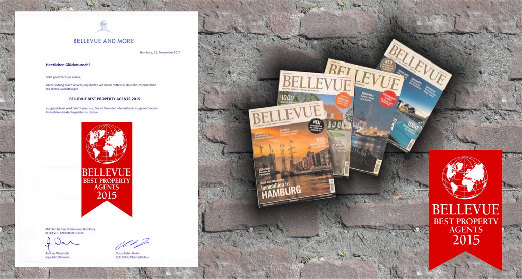 Schreiben zur Auszeichnung durch das Immobilienmagazin "BELLEVUE" als "Best Property Agent" für das Jahr 2015 auf einem Hintergrund mit Steinoptik neben Abbildungen des Fachmagazins.