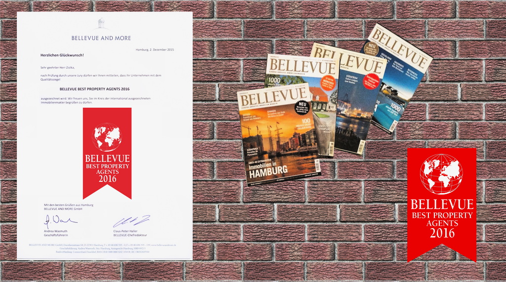 Schreiben zur Auszeichnung durch das Immobilienmagazin "BELLEVUE" als "Best Property Agent" für das Jahr 2016 auf einem Hintergrund mit Steinoptik neben Abbildungen des Fachmagazins.