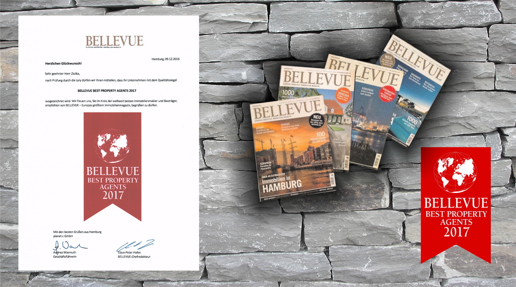 Schreiben zur Auszeichnung durch das Immobilienmagazin "BELLEVUE" als "Best Property Agent" für das Jahr 2017 auf einem Hintergrund mit Steinoptik neben Abbildungen des Fachmagazins.