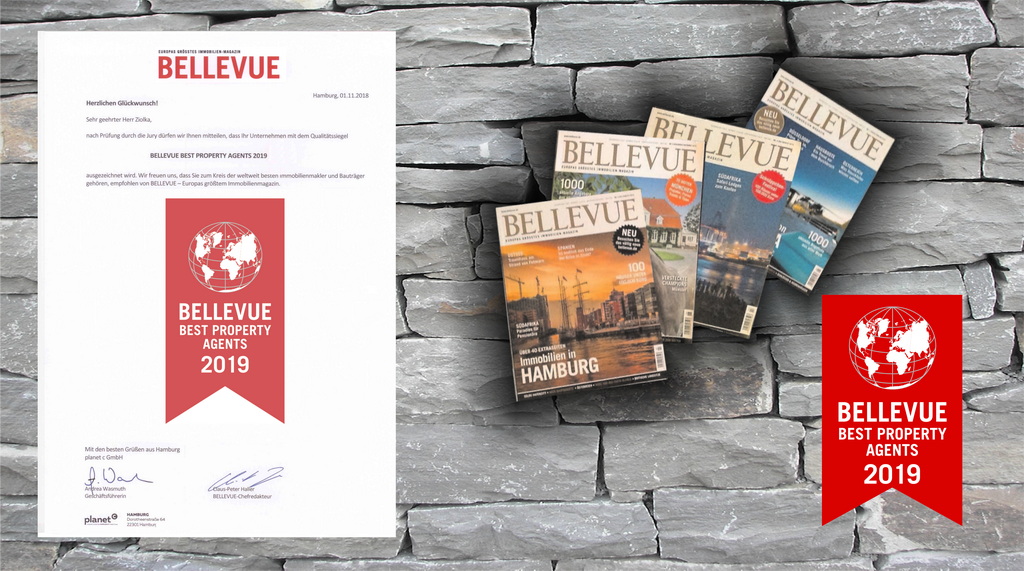 Schreiben zur Auszeichnung durch das Immobilienmagazin "BELLEVUE" als "Best Property Agent" für das Jahr 2019 auf einem Hintergrund mit Steinoptik neben Abbildungen des Fachmagazins.