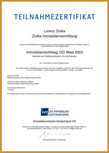 Teilnahmezertifikat an einer Fortbildung im Jahr 2023 von Herrn L. Ziolka