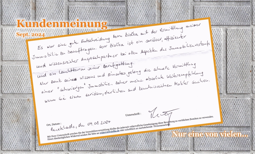 Eine weitere handschriftliche Kundenmeinung zur Tätigkeit der Immobilienvermittlung Ziolka aus dem Jahr 2024 auf einem Hintergrund mit Steinoptik