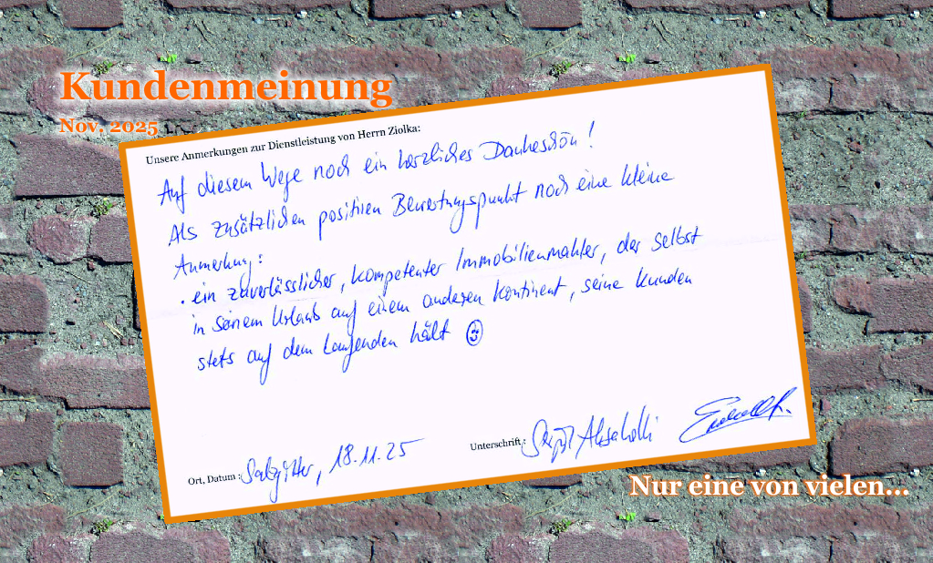 Eine weitere handschriftliche Kundenmeinung zur Tätigkeit der Immobilienvermittlung Ziolka aus dem Jahr 2025 auf einem Hintergrund mit Steinoptik