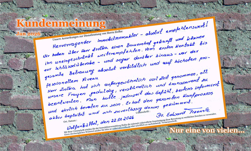 Eine weitere handschriftliche Kundenmeinung zur Tätigkeit der Immobilienvermittlung Ziolka aus dem Jahr 2026 auf einem Hintergrund mit Steinoptik
